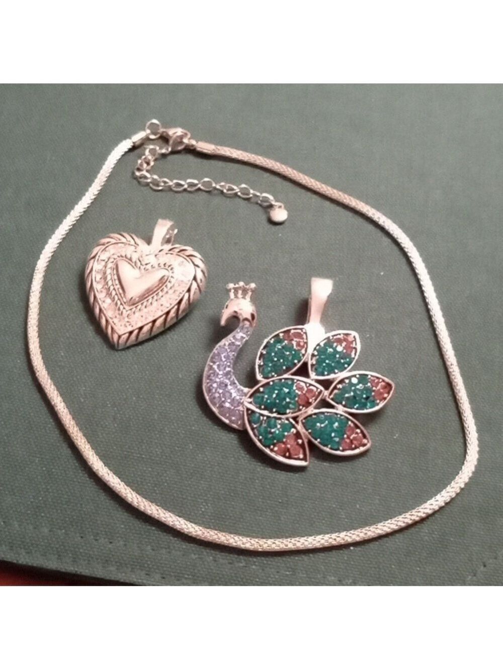 Roman Jewelry Company Silver Tone Peacock Heart Pendant Chain Set